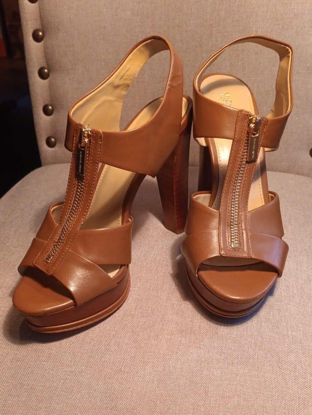 MICHAEL Michael Kors Brown Leather Platform Slingback Heels with Gold Zip - Picture 5 of 6